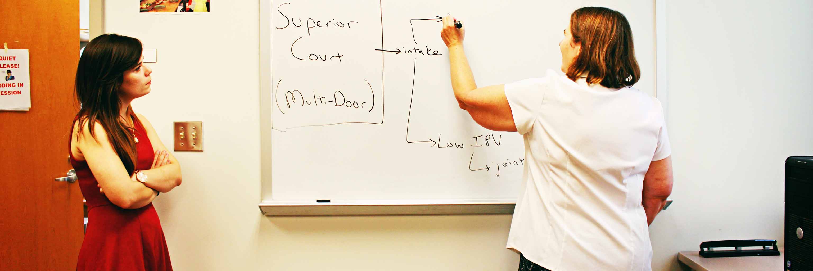 two women writing on a dry erase white board