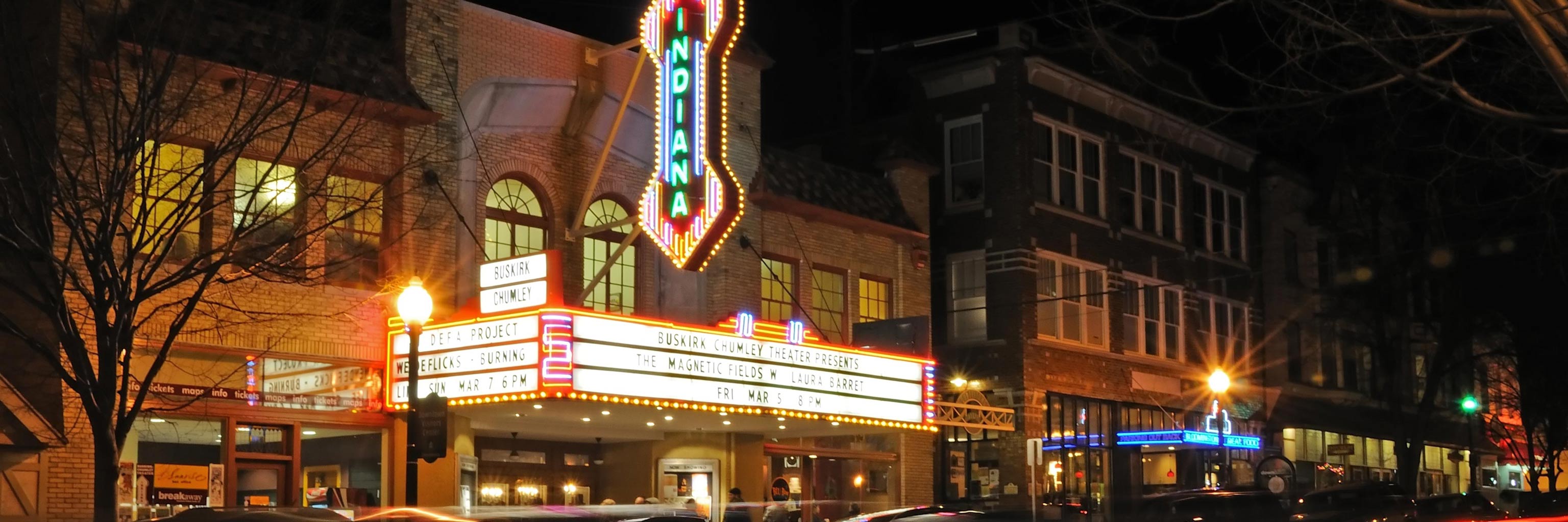 Indiana Theatre building with neon lights