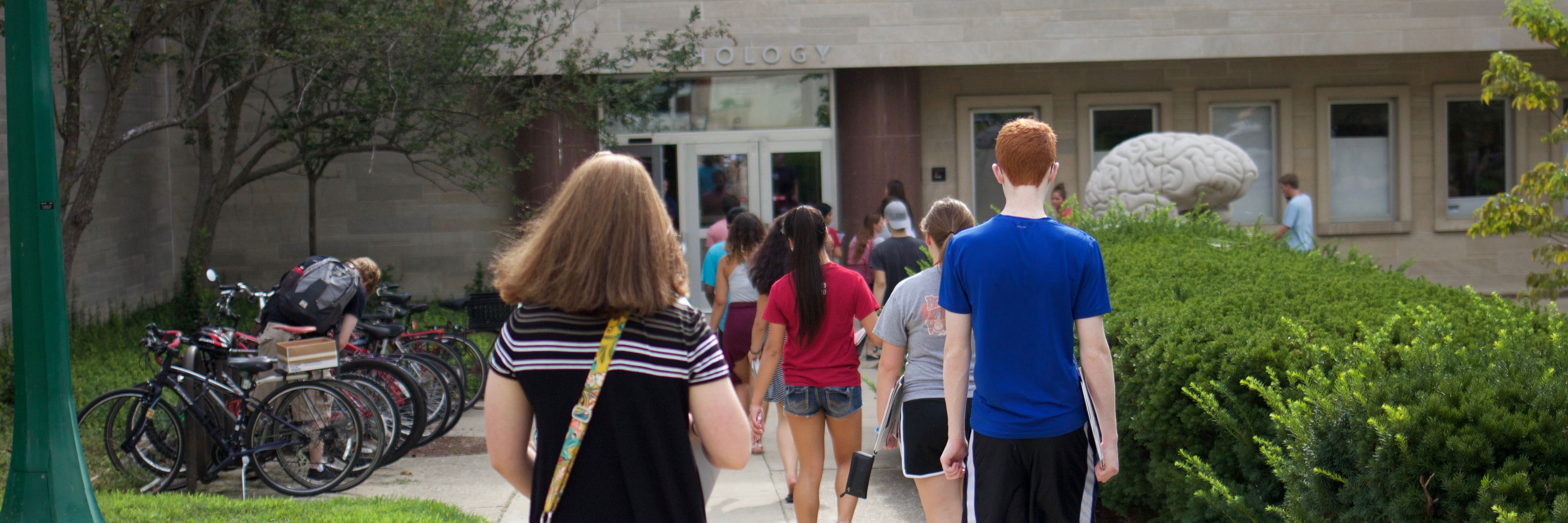 students in two lines walking into a building